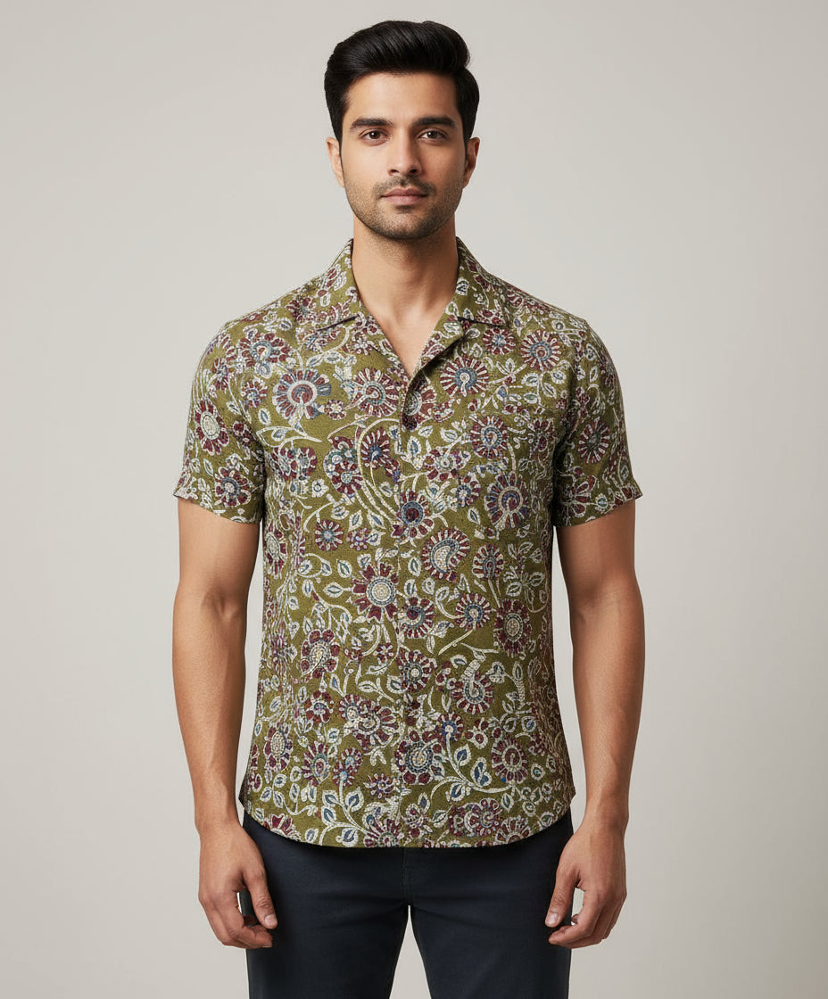 OLIVE GREEN HANDBLOCKED COTTON PRECUT 2.5M FABRIC