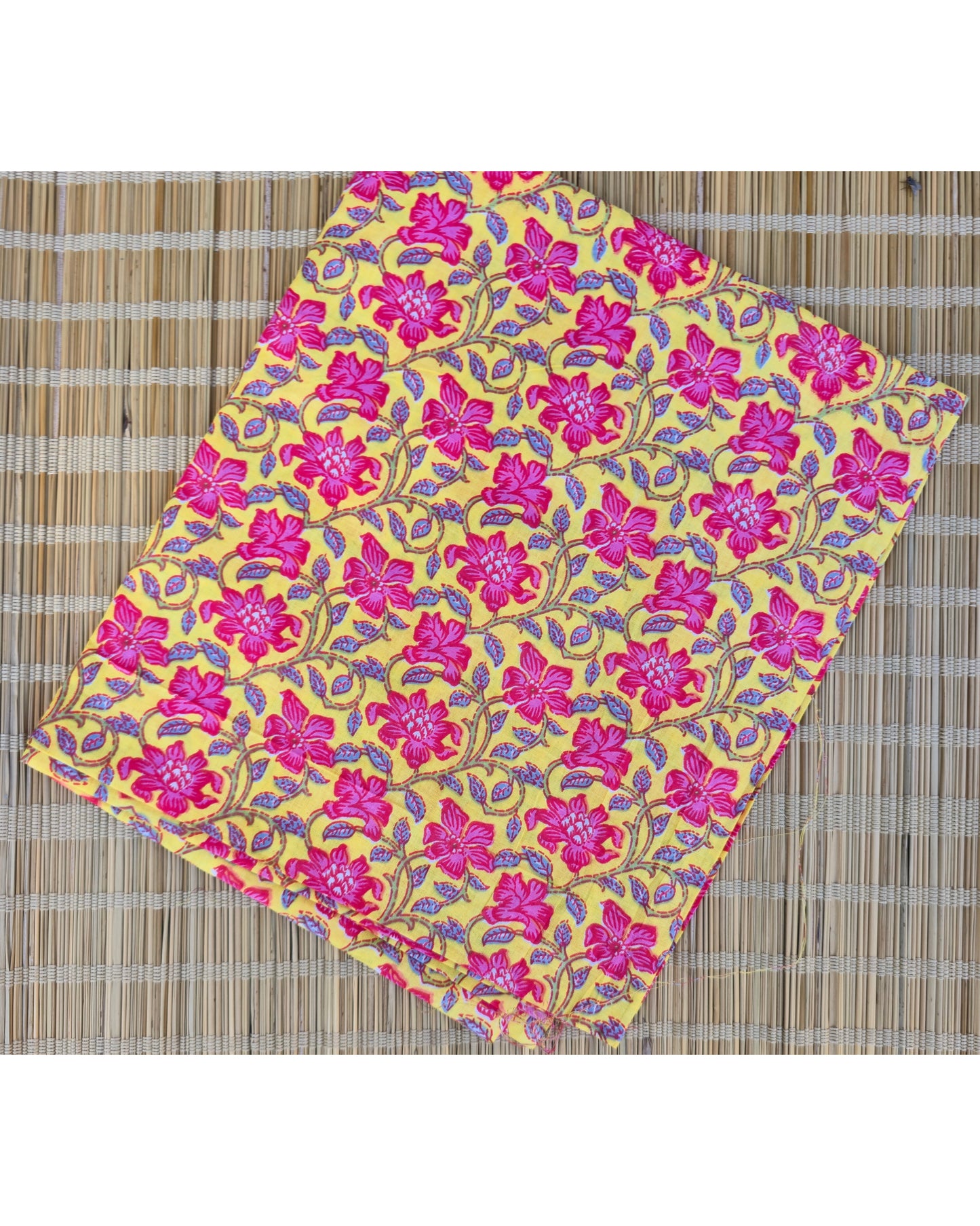 YELLOW & PINK HANDBLOCKED COTTON PRECUT 2.5M FABRIC