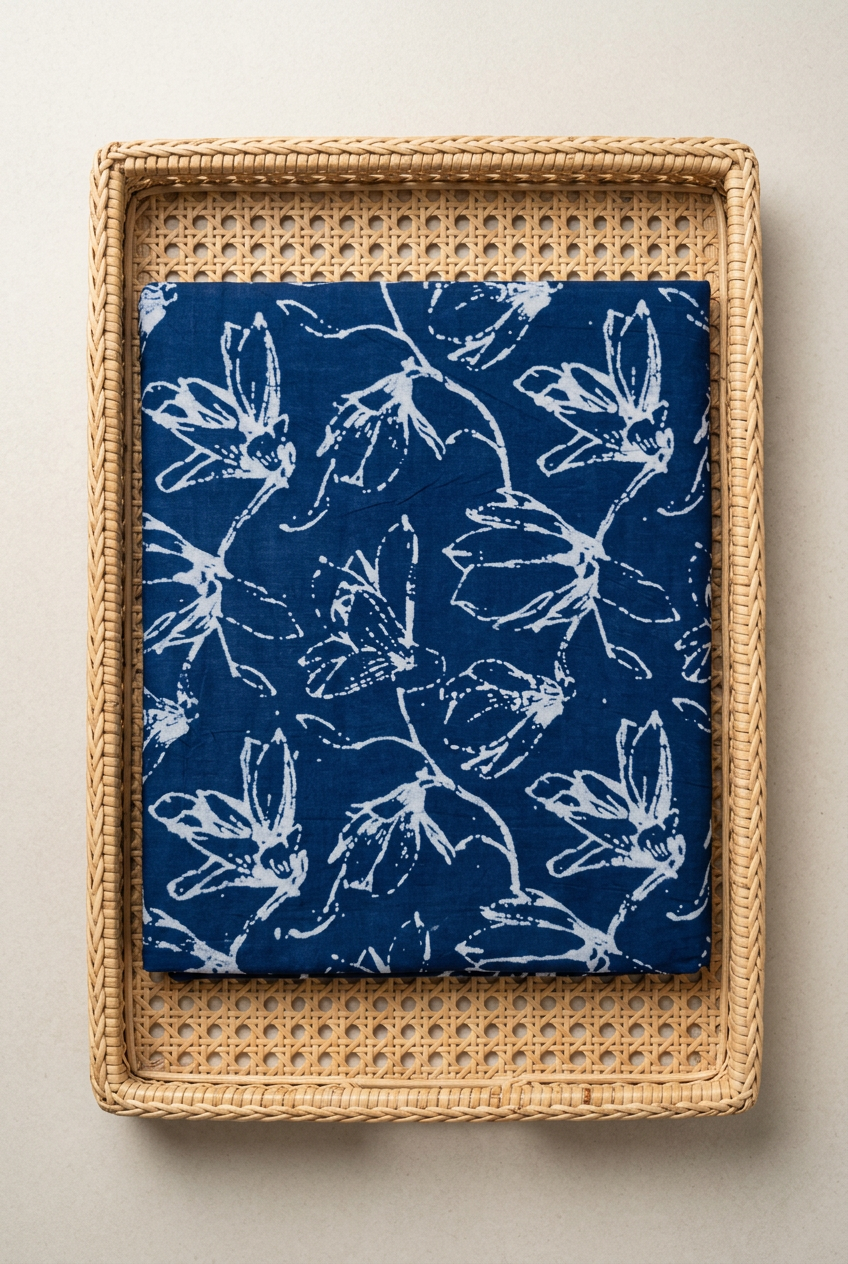 INDIGO HANDBLOCKED COTTON PRECUT 2.5M FABRIC