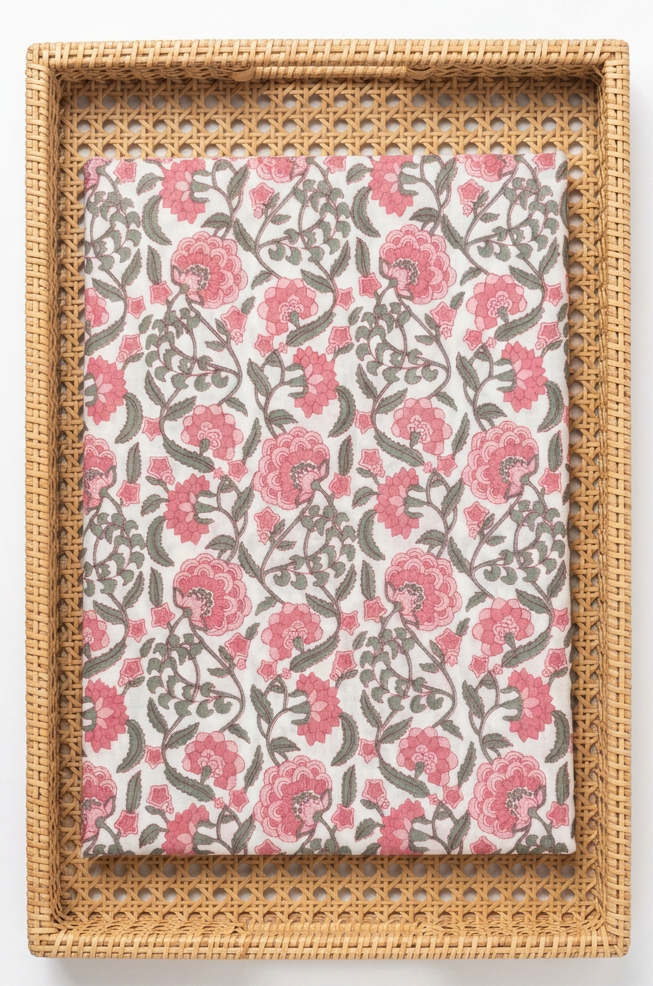 PINK FLORAL HANDBLOCKED COTTON PRECUT 2.5M FABRIC