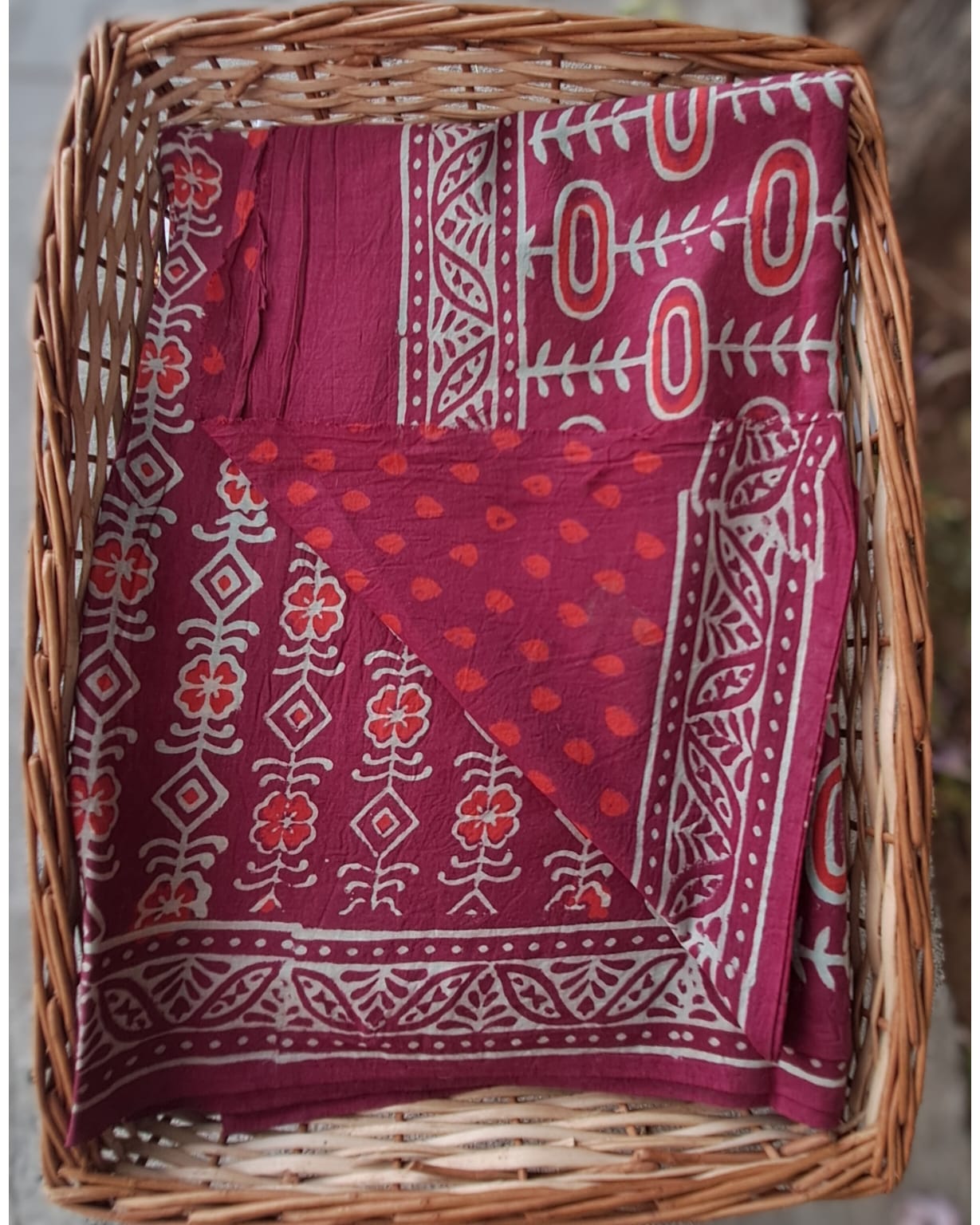 MAROON HANDBLOCK MULMUL SAREE