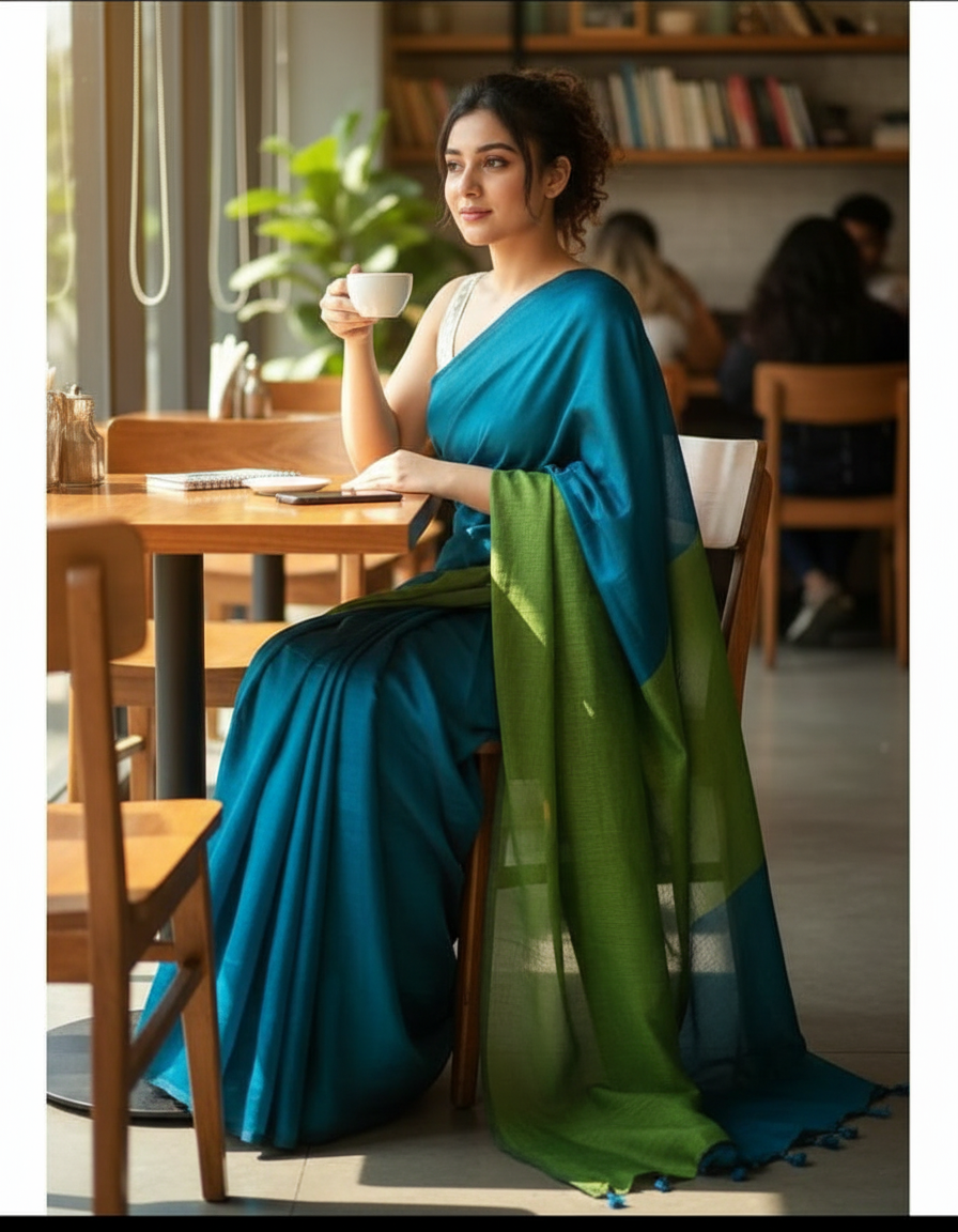 PEACOCK BLUE & GREEN DUAL TONE KHADHI SAREE