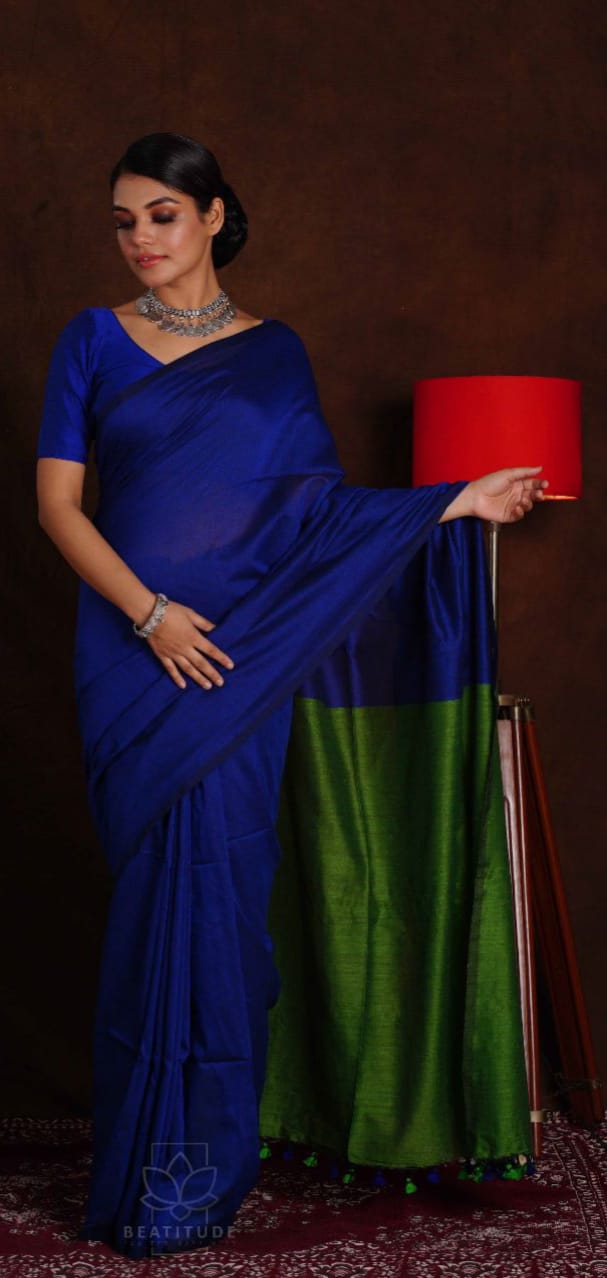 ROYAL BLUE DUAL & GREEN TONE KHADHI SAREE