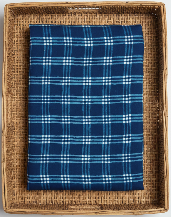 BLUE CHECKED HANDBLOCKED COTTON PRECUT 2.5M FABRIC