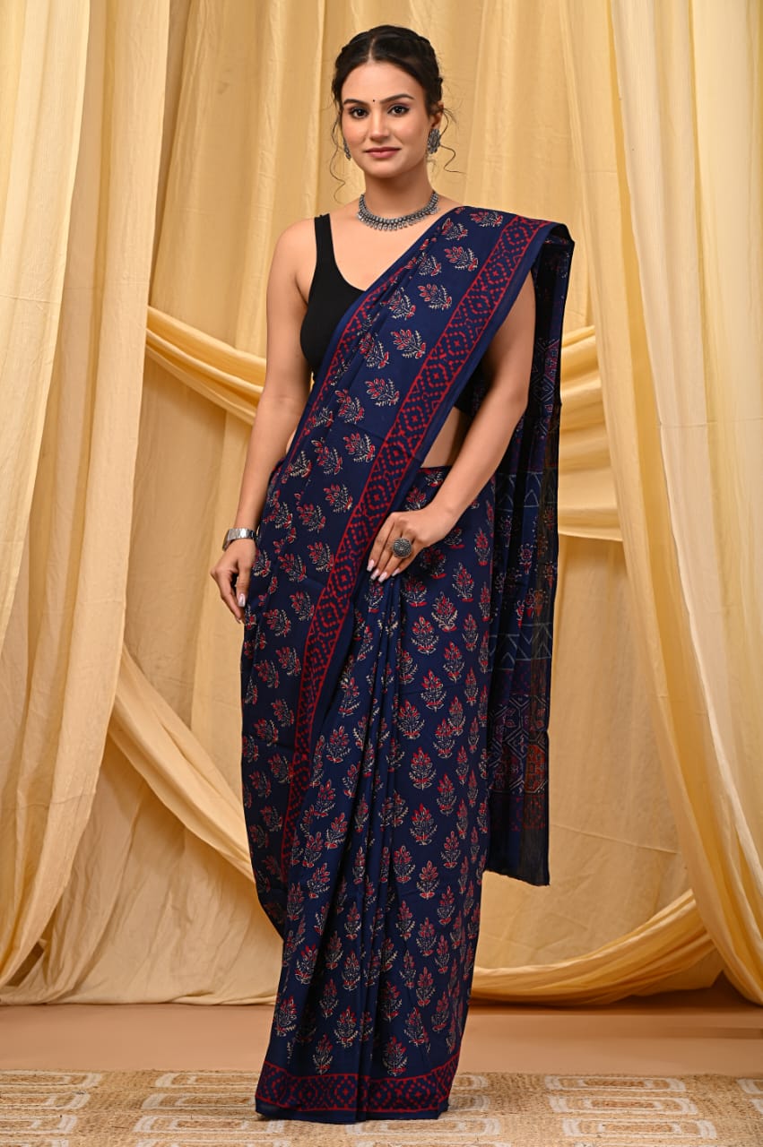 BLUE HANDBLOCK MULMUL SAREE