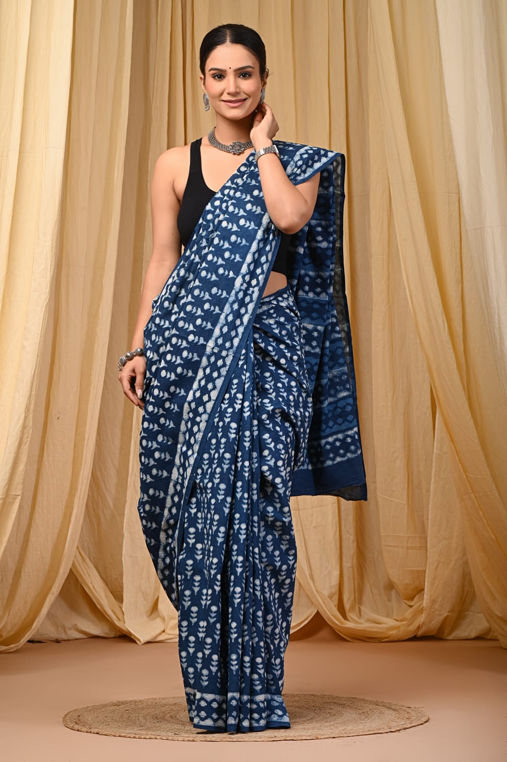 INDIGO HANDBLOCK MULMUL SAREE