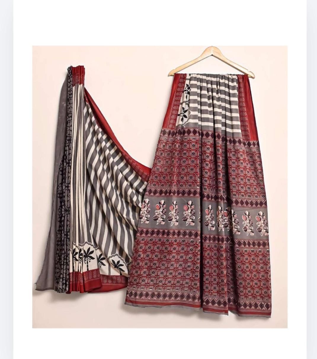 GRAY& RED HANDBLOCK MULMUL SAREE