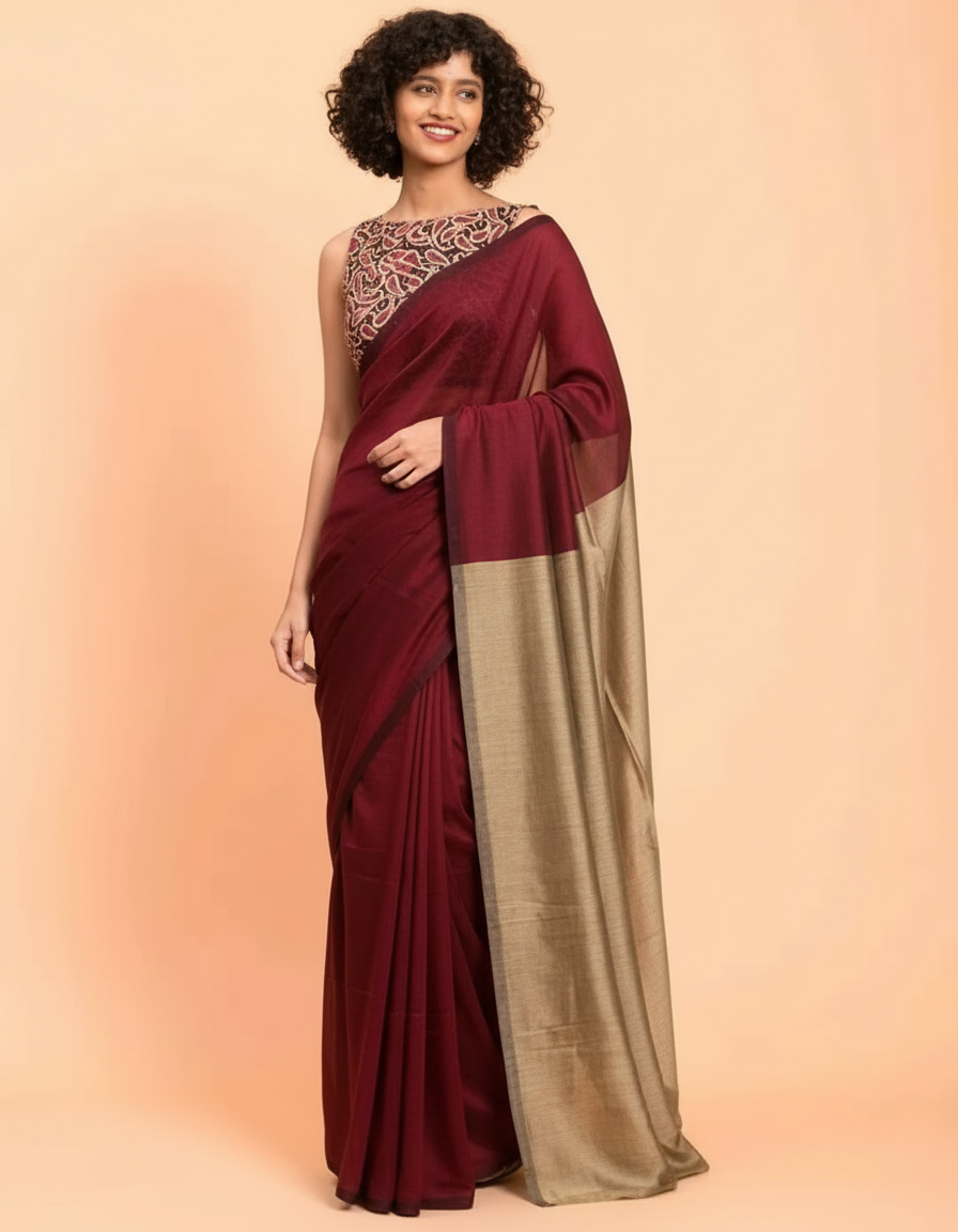MAROON & GOLDEN YELLOW DUAL TONE KHADHI SAREE