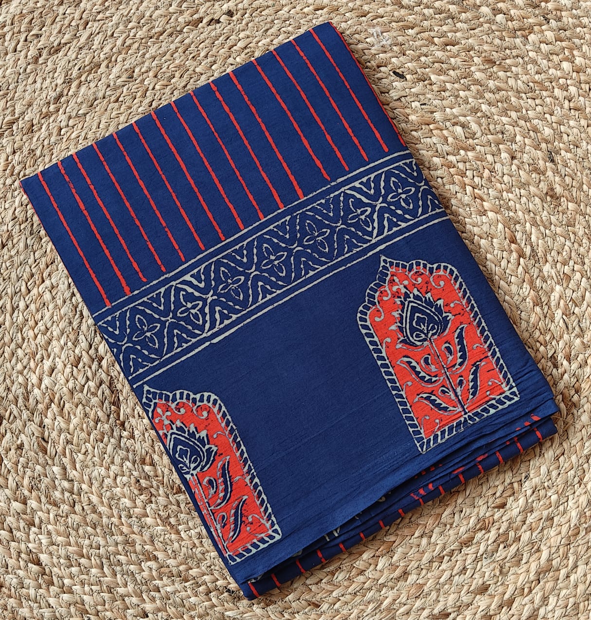 BLUE GEOMETRIC HANDBLOCK MULMUL SAREE