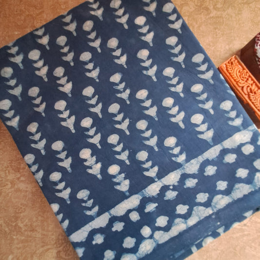 INDIGO HANDBLOCK  MULMUL SAREE