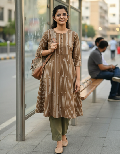 BROWN HANDBLOCKED COTTON PRECUT 2.5M FABRIC