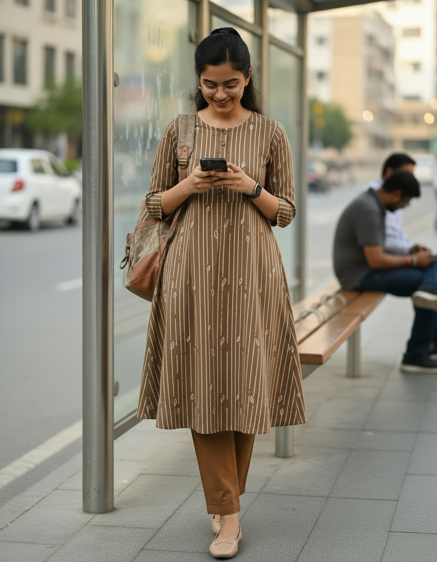 BROWN HANDBLOCKED COTTON PRECUT 2.5M FABRIC