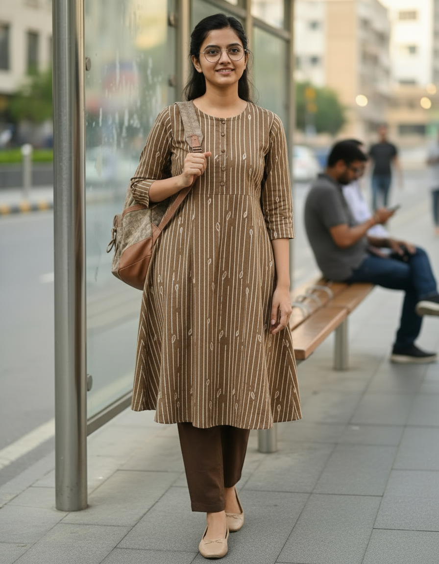 BROWN HANDBLOCKED COTTON PRECUT 2.5M FABRIC