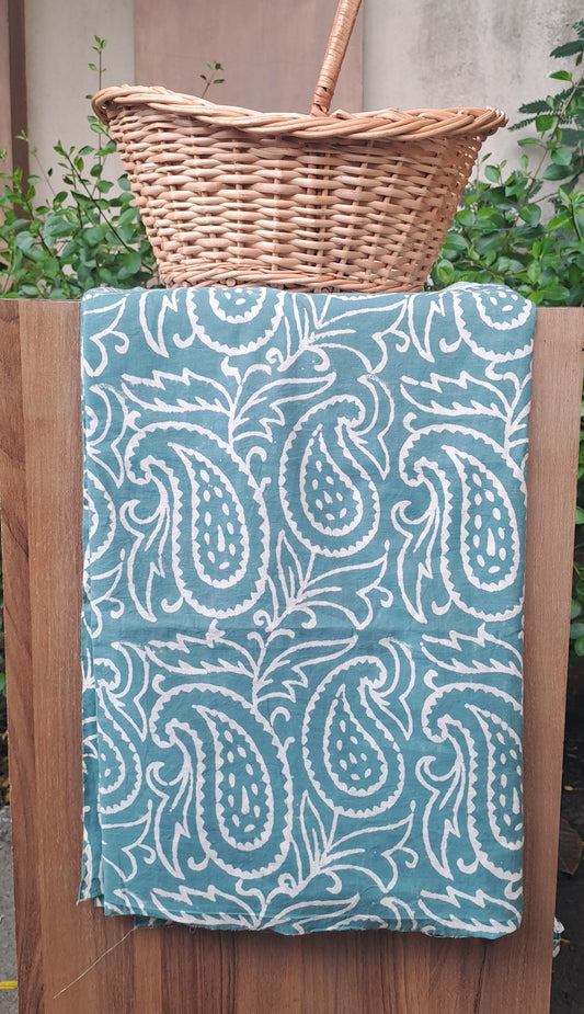 BLUE HANDBLOCKED COTTON PRECUT 2.5M FABRIC