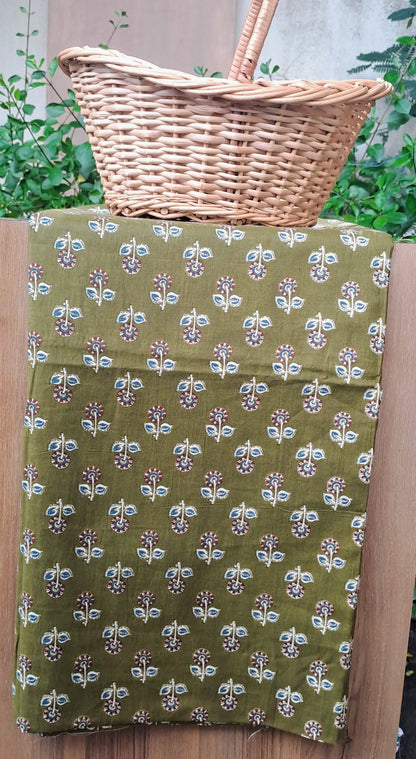 OLIVE GREEN HANDBLOCKED COTTON PRECUT 2.5M FABRIC