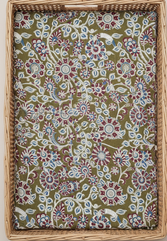 OLIVE GREEN HANDBLOCKED COTTON PRECUT 2.5M FABRIC