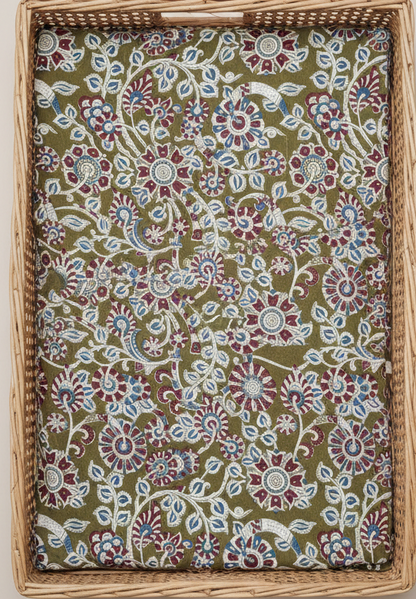OLIVE GREEN HANDBLOCKED COTTON PRECUT 2.5M FABRIC