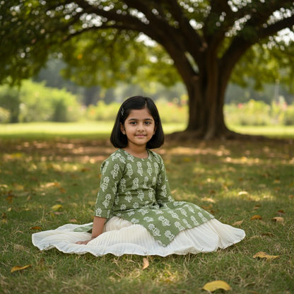 OLIVE GREEN HANDBLOCKED COTTON PRECUT 2.5M FABRIC