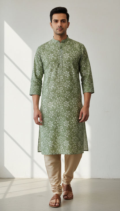 OLIVE GREEN HANDBLOCKED COTTON PRECUT 2.5M FABRIC