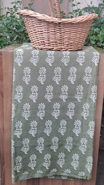 OLIVE GREEN HANDBLOCKED COTTON PRECUT 2.5M FABRIC