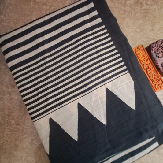 BLACK GEOMETRIC HANDBLOCK  MULMUL SAREE