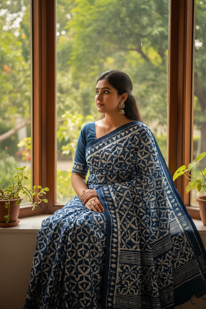INDIGO HANDBLOCK  MULMUL SAREE1
