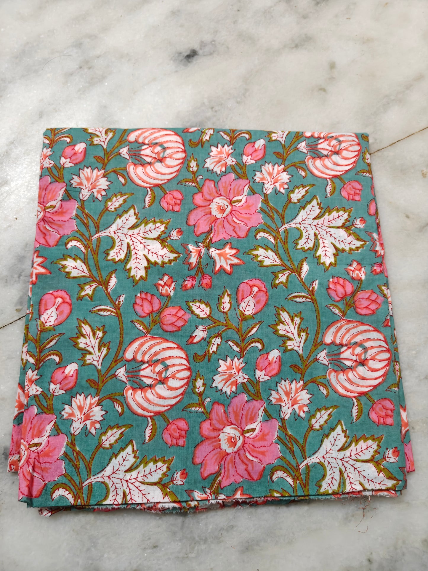 BABY GREEN HANDBLOCKED COTTON PRECUT 2.5M FABRIC