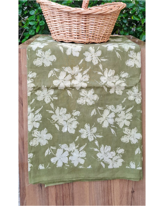 OLIVE GREEN HANDBLOCKED COTTON PRECUT 2.5 M FABRIC