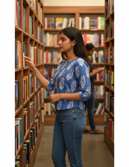 LIGHT BLUE HANDBLOCKED COTTON PRECUT 2.5M FABRIC