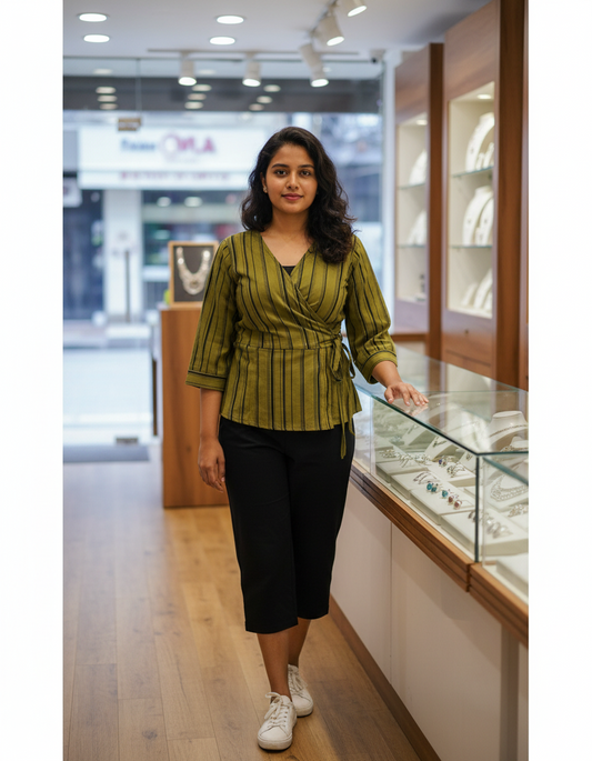 OLIVE GREEN HANDBLOCKED COTTON PRECUT 2.5 M FABRIC