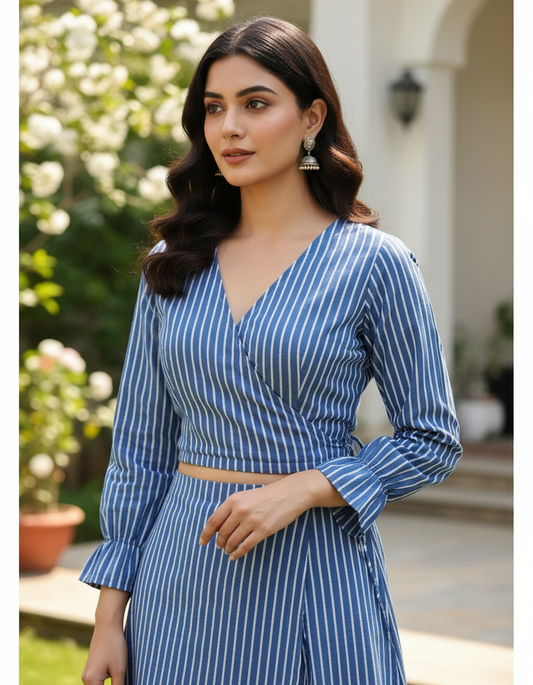 BLUE HANDBLOCKED COTTON PRECUT 2.5M FABRIC