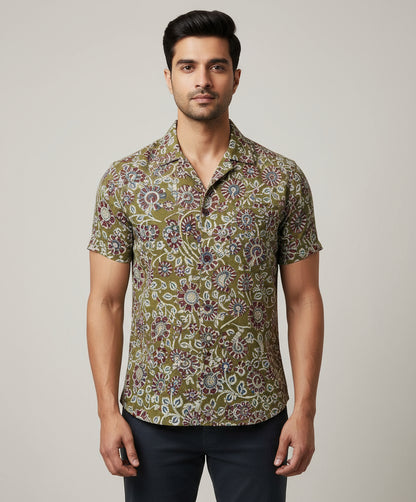 OLIVE GREEN HANDBLOCKED COTTON PRECUT 2.5M FABRIC