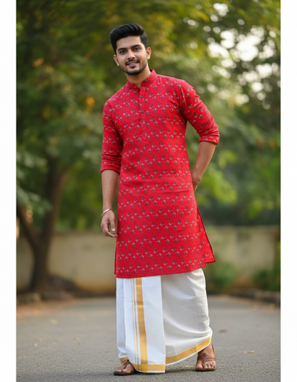 RED HANDBLOCKED COTTON PRECUT 2.5M FABRIC