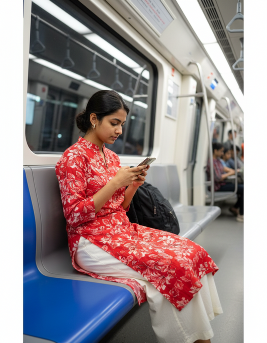 RED HANDBLOCKED COTTON PRECUT 2.5M FABRIC