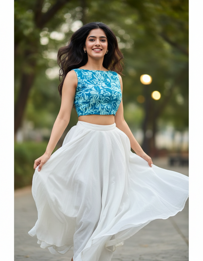 BLUE HANDBLOCKED COTTON PRECUT 2.5M FABRIC