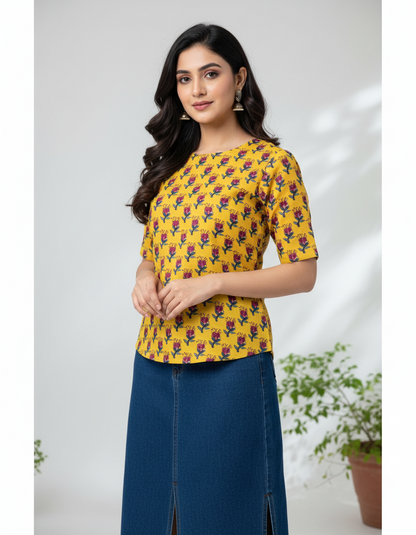 YELLOW HANDBLOCKED COTTON PRECUT 2.5M FABRIC