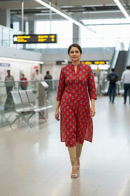 RED HANDBLOCKED COTTON PRECUT 2.5M FABRIC