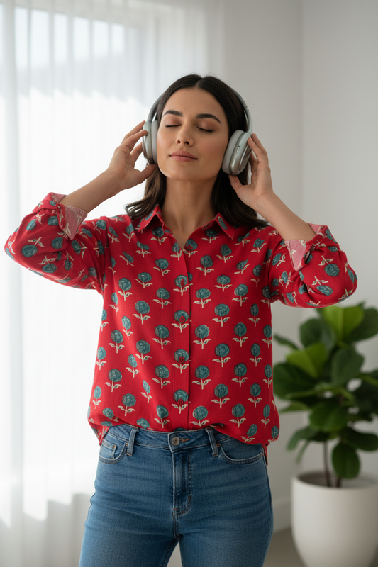 RED HANDBLOCKED COTTON PRECUT 2.5M FABRIC