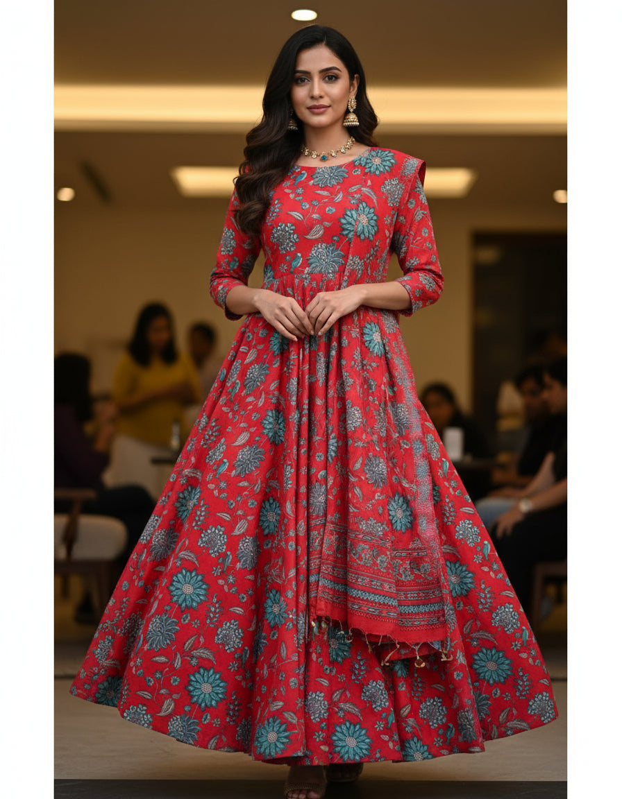 RED HANDBLOCKED COTTON PRECUT 2.5M FABRIC