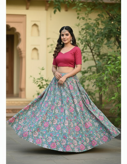 BABY GREEN HANDBLOCKED COTTON PRECUT 2.5M FABRIC