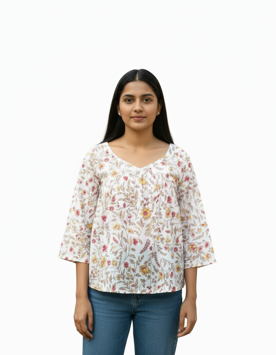 WHITE HANDBLOCKED COTTON PRECUT 2.5M FABRIC