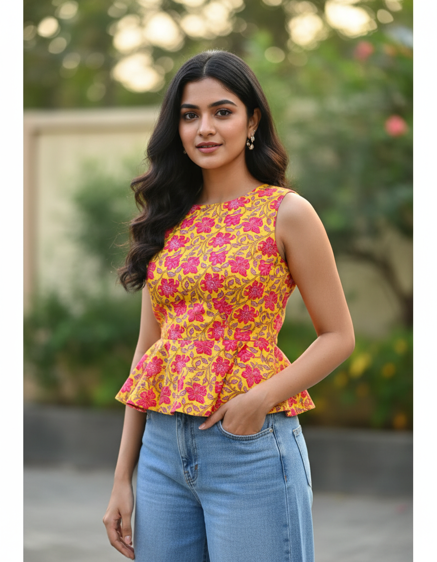 YELLOW & PINK HANDBLOCKED COTTON PRECUT 2.5M FABRIC