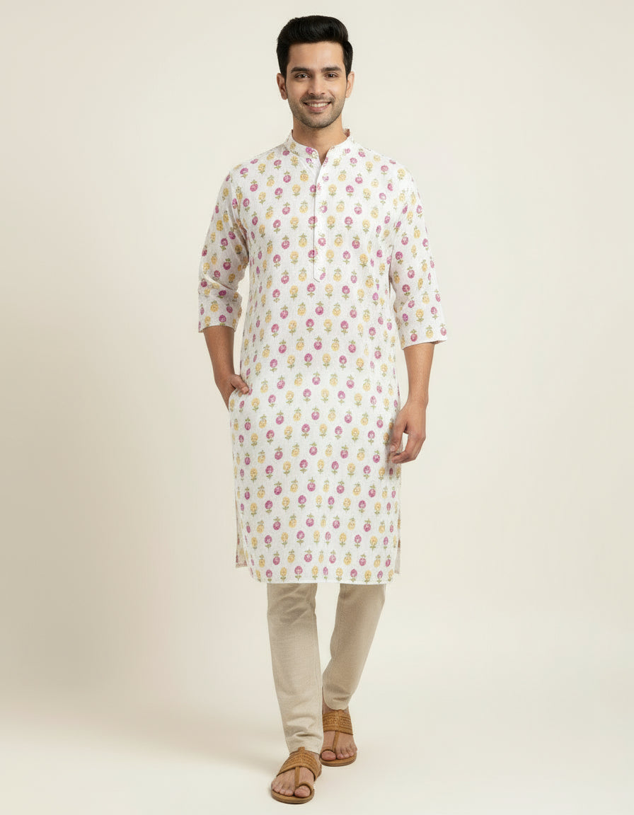 WHITE HANDBLOCKED COTTON PRECUT 2.5M FABRIC