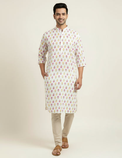 WHITE HANDBLOCKED COTTON PRECUT 2.5M FABRIC