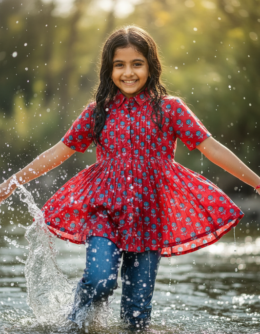 RED HANDBLOCKED COTTON PRECUT 2.5M FABRIC