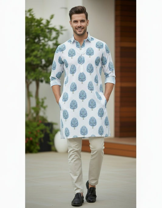 WHITE HANDBLOCKED COTTON PRECUT 2.5M FABRIC