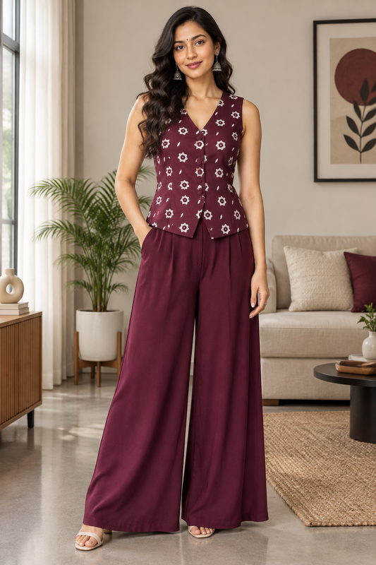 MAROON HANDBLOCKED COTTON PRECUT 2.5M FABRIC