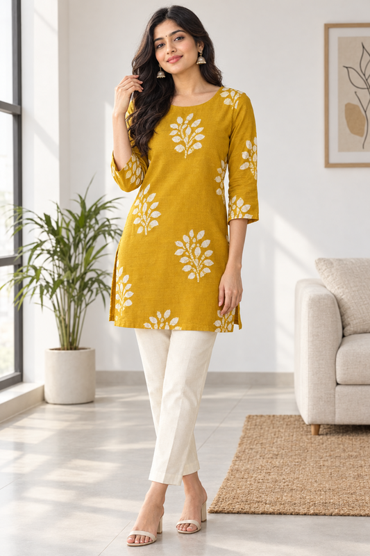 YELLOW HANDBLOCKED COTTON 2.5M PRECUT FABRIC