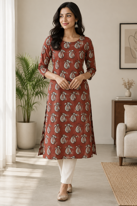 BRICK RED  HANDBLOCKED COTTON PRECUT 2.5M FABRIC