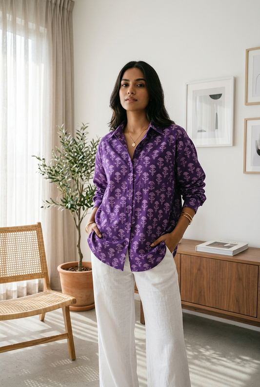 VIOLET HANDBLOCKED COTTON PRECUT 2.5M FABRIC